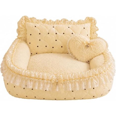 Rectangular Dog Basket, Yellow Polka Dot, Quilted Model with Free Cushion, Size up to 9 (1/5)