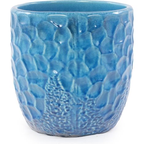 Maceta de cerámica azul Ø22,5 cm con relieve martillado y orificio de drenaje (1/5)