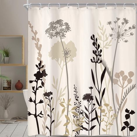 Rideau de douche beige à motif floral de 183 x 198 cm de long, style rustique vintage bohème, silhouette de plantes taupe, marron, pour salle de bain avec 12 crochets en plastique, imperméable (1/5)