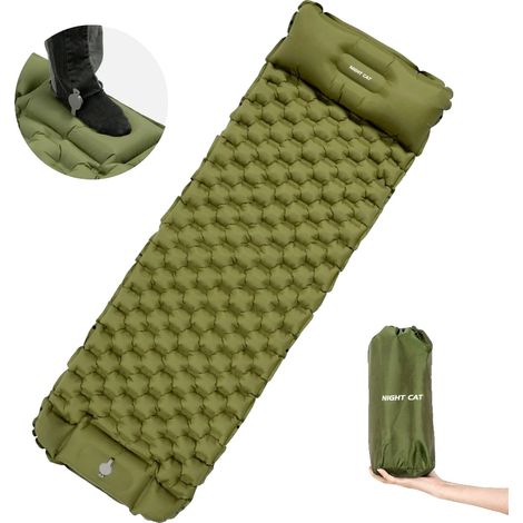 Matelas de camping gonflable, avec oreiller intégré, pompe à pied incluse, vert (1/2)
