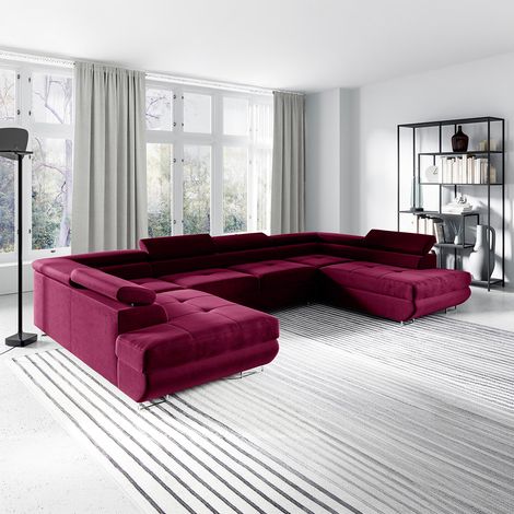 Petits-Meubles – Canapé en U 5 places convertible avec coffre – Tissu velours hydrofuge – Appuie-têtes réglables – Couchage 252 x 125 cm – Bordeaux (1/4)