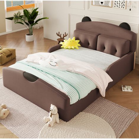Lit adulte 140x200 cm en MDF et lin marron, tête de lit ours, chambre moderne FloraGrace (1/5)