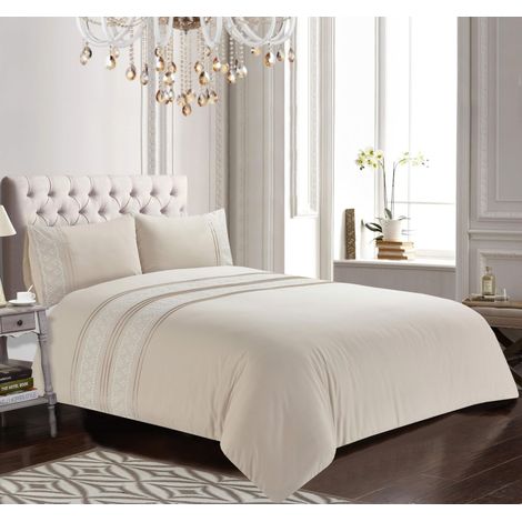Parure de lit brodée - Élégante et Douce - Beige avec Broderie Florale délicate - Housse de Couette et taies d'oreiller (King Size)