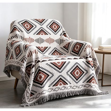 Jeté de lit tissé aztèque Beige, Tribal boheiman, Style Ethnique, bohème, géométrique, Blanc et Kaki, pour canapé, lit, Chaise et Sofa (160 x 218,4 cm) (1/5)