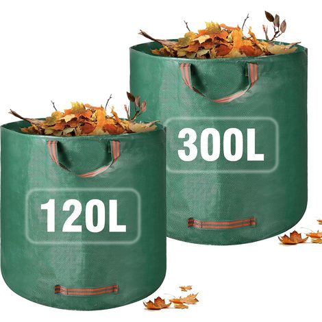 Lot de 2 sacs à déchets de jardin très résistants, 120 L, 300 L, réutilisables avec poignées, grand sac de jardin, sacs poubelle verts pour débris (1/5)