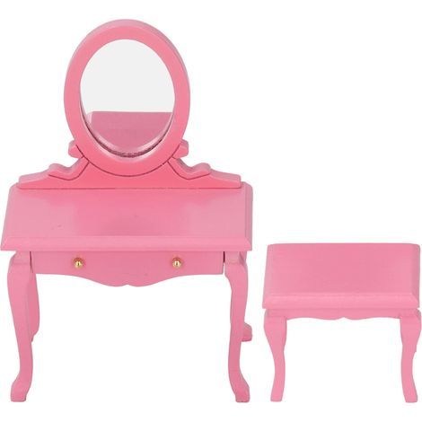 Coiffeuse miniature 1:12 rose vif réaliste pour maison de poupée, table de maquillage lumineuse (1/5)
