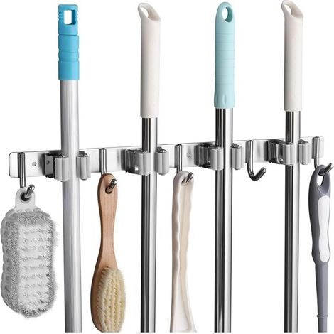 Porte Balai Mural en Acier Inoxydable Accroche Crochet de rangement Balai Mural avec 4 Emplacements et 5 Crochets pour Cuisine, Salle de Bain, Garage et Jardin, Gris (1/5)