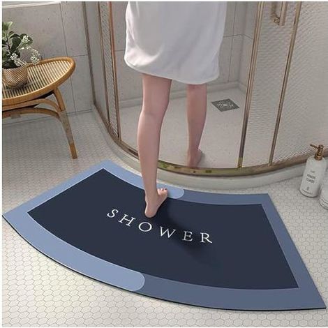 Tapis de douche incurvé en terre de diatomée — Tapis de sol absorbant en forme d'éventail aux coins arrondis (Bleu), 40 x 75 cm (1/4)