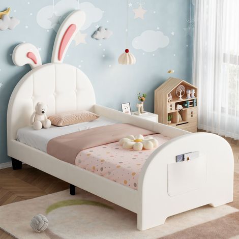 3ft Single Rabbit-Shaped Upholstered Bed Frame, Bunny Ear Headboard & Footboard Storage Pocket, Soft PU Leather Single Bed with Sturdy Metal-Wood Frame, Cream White (No Mattress)