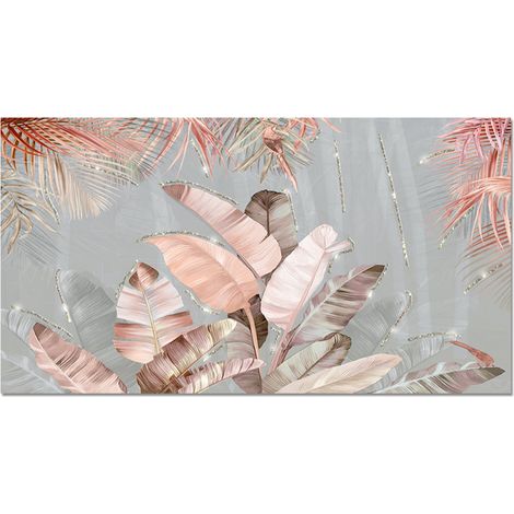 Lupia - Quadro moderno su tela in cotone SHINY 77x143 cm PINK LEAVES con glitter MULTICOLOR brillantini oro e argento, per soggiorno, capezzale camera da letto (1/4)
