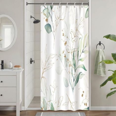 Curtain Shower Anti Mold, Curtain of Shower Narrow 90x180cm Green Sheets of eucalyptus Gold Small Curtains of Bathtub Fabric Washable Waterproof Curtains bathroom with 6 Hooks (1/5)