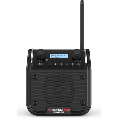 Radio de chantier DABPRO – Alimentation secteur 230V ou 4x C rechargeables – Résistante à la pluie et à la poussière – Bluetooth et AUX In – Perfectpro
