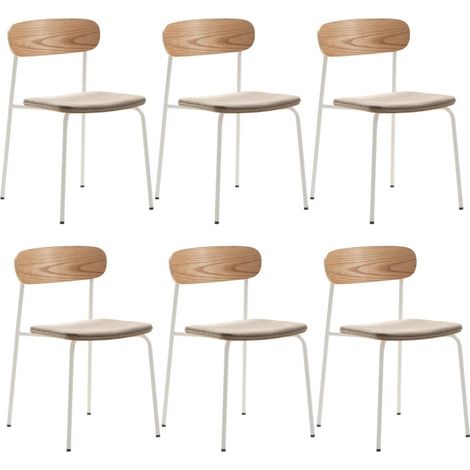 Lot de 6 chaises dossier bois assise tissu beige et pieds métal blanc - RIDILA (1/5)
