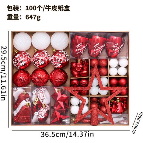 Ensemble de 100 boules de Noël exquises, peintes en rouge et blanc, en forme d'étoile, à suspendre au sapin.