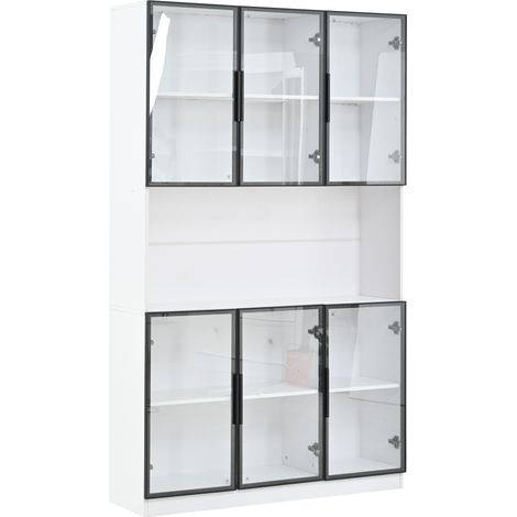 Vitrine 120×34×200 cm, vitrine sur pied à 6 portes, rangements ouverts, armoire haute vitrée équipée de LED, meuble de salon multifonction large 120 cm, grand meuble de rangement couleur blanc