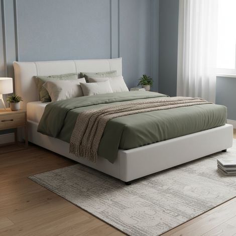 Dmora - Cama matrimonial Ddaiv, Cama contenedor con revestimiento de tela, 100% Made in Italy, Apertura frontal, con colchón de 160x190 cm incluido, Blanco (1/5)