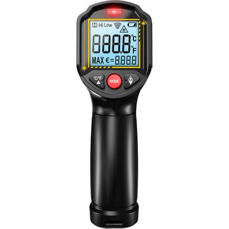 Thermomètre infrarouge sans contact, -50 °C à 600 °C (-58 °F à 1112 °F), émissivité réglable, rapport signal/bruit 12:1, écran LCD rétroéclairé, alarmes haute/basse température, maintien des données, (1/5)