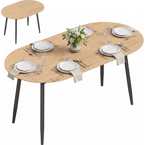 HOMCOM mesa de comedor extensible ovalada 120-160x80 cm, para 4-6 personas, estilo rústico, con bordes redondeados, ahorra espacio, roble (1/5)