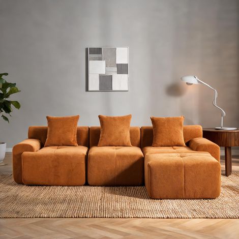 Canapé d'angle modulable en tissu corduroy orange (1/5)