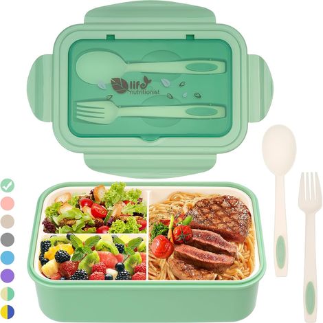 Lunch Box, Boîte à Déjeuner en Plastique pour Enfant Adulte, Boîte à Repas avec Trois Compartiments et Couverts(Fourchette et Cuillère) (Vert) (1/5)