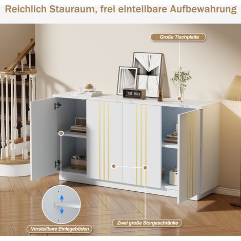 Meuble de salon à rangement, armoire avec 4 portes, 35 x 140 x 70 cm, lignes dorées, étagères ajustables, buffet blanc et or pour séjour et chambre. (1/5)