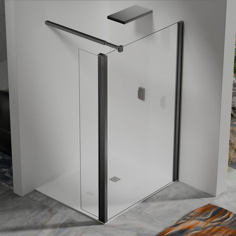 Paroi de douche 100x200 avec retour pivotant 30x200 barre extensible 73-120 cm noir mat