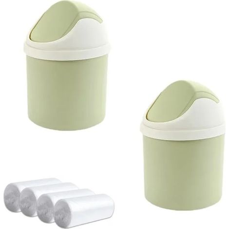 2 Pièces Mini Poubelle Bureau avec Couvercle & 4 Rouleaux Sacs, Petite Poubelle Mignonne pour Bureau, Comptoir, Vanité, Maiso - Vert (1/5)