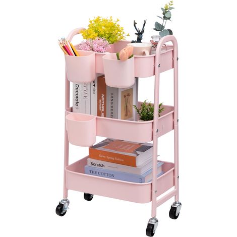 Chariot de Rangement Métal Chariot à roulettes 3 Niveaux Chariots Cuisine Chariots de Service Roulant pour Chambre Salle de Bain Bureau, Rose avec Tasses (1/5)