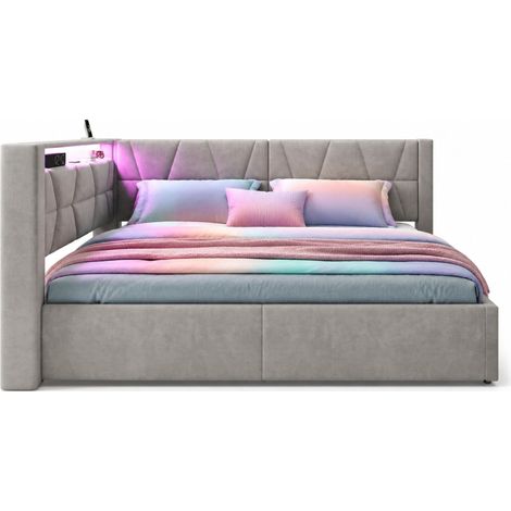 CHICFURN Letto contenitore 90x200 cm in velluto grigio scuro con LED, USB Type-C, senza materasso (1/5)
