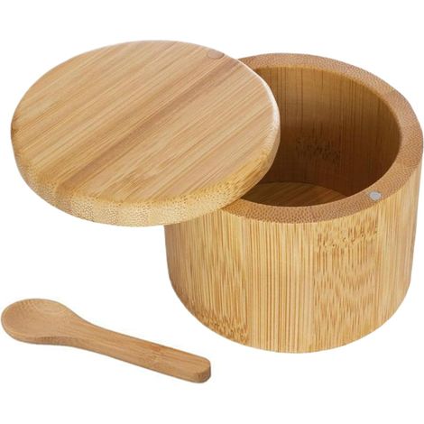 Salero de madera de acacia, caja de sal con cuchara, elegante recipiente para especias de cocina con tapa magnética, tarro para condimentos para almacenar pimienta, especias, sales de baño, sal marina (1/5)