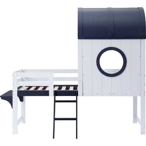 Letto a soppalco bambini 90x200 cm con tetto e finestra, cassetto su rotelle, bianco e blu (1/5)
