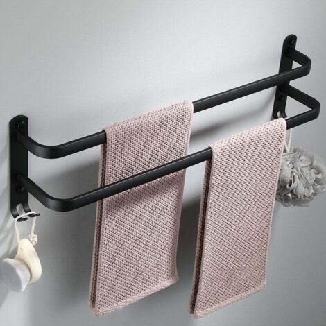 BUNTHAUS Wandmontierter Handtuchhalter aus Aluminium – 2 Ebenen – mit Haken – 30 cm – wasserfest – schwarz – für Bad, Küche und Dusche