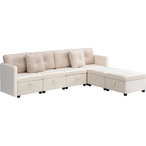 Sofá modular en U de 6 módulos con almacenaje, beige, terciopelo y cordón, 261 x 132,5 x 85 cm (1/5)
