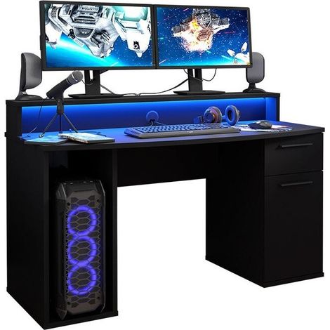 Mirjan24 – Bureau gamer noir mat 140x65cm avec éclairage LED – Matériau stratifié – Bords protégés ABS – Fabriqué en Union Européenne