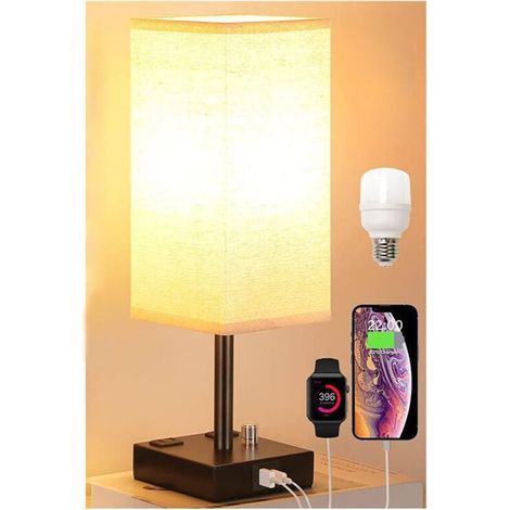 Lámpara de noche táctil con 2 puertos de carga USB, atenuación de 3 modos, pantalla de tela y base de hierro forjado. Lámpara de mesa para sala de estar, dormitorio y hotel (bombilla incluida). [Clase (1/4)
