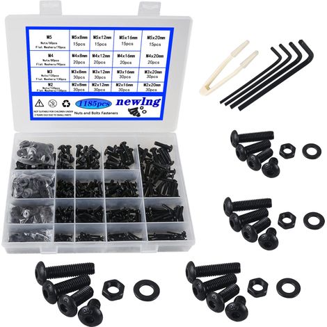M2 M3 M4 M5 Jeu de Vis et écrous avec Rondelles 1185 Pièces Acier au Carbone Jeux d'écrous et de Boulons Noir Vis à Six Pans Creux Hexagonale Assortiment Kit (1/5)