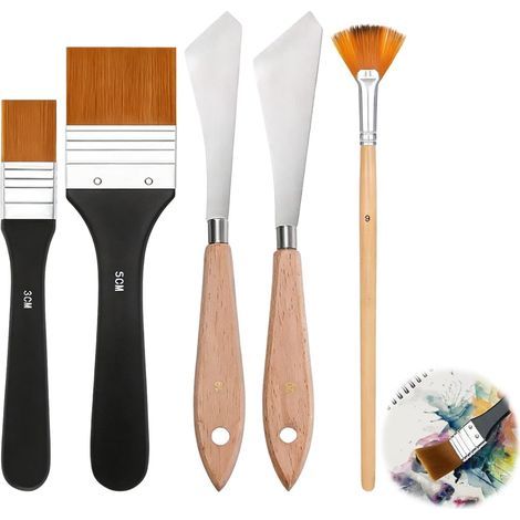 Ensemble de 5 couteaux à peindre avec pinceau plat (5 cm et 3 cm), pinceau d'artiste, pinceau éventail, ensemble de pinceaux à manches en bois, spatule de peintre en acier inoxydable, spatule pour toi (1/5)