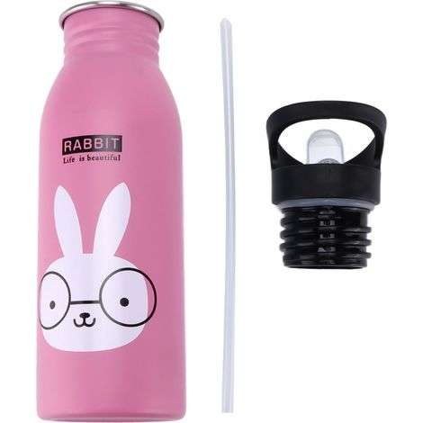 Gourde de sport en acier inoxydable 500 ml, mignonne et isotherme, avec ventouse, idéale pour les activités sportives en extérieur. Motif lapin rose. (1/5)