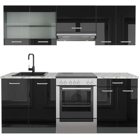Mueble de cocina R-Line, Negro/antracita de alto brillo, 200 cm , ET Mármol, Vicco