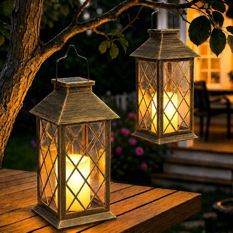 Lanterne Solaire - 2 Pièces - Verre Trempé - Effet Flamme - Jardin Balcon Terrasse - 22cm Noir (1/5)