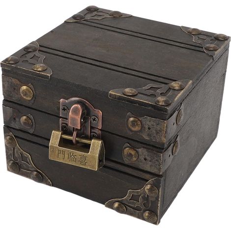 Large Antique Wooden Jewelry Box – Vintage Dark Gray Trinket Storage Box with Metal Lock for Rings, Necklaces, and Bracelets (1/5)