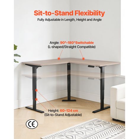Cadre Bureau d'Angle Assis Debout à 3 Pieds, Pied Bureau Assis Debout Électrique 3 Moteurs, Réglable en Hauteur 60-125 cm, Charge M… (1/5)