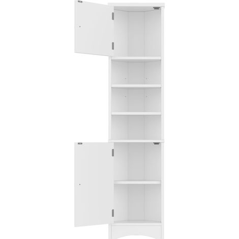 36.5 x 24.5 x 170 cm Meuble de salle de bain triangulaire, peinture intégrale, peinture résistante à l'humidité, trois niches ouvertes, deux portes, étagères réglables, gain de place, blanc