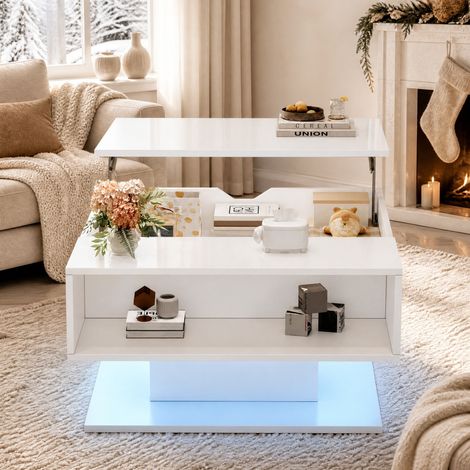Höhenverstellbarer Couchtisch 80 x 75 x 40 cm mit Stauraum, LED, weiß HAVRYA (1/5)