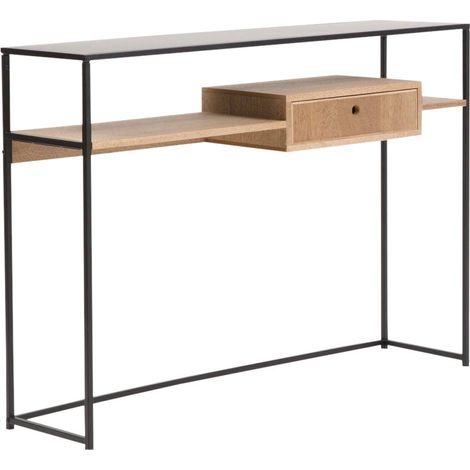 Made In Meubles – Console en bois et métal noire – Double plateau 120x30cm – Style industriel avec tiroir de rangement – Pour espaces restreints (1/5)