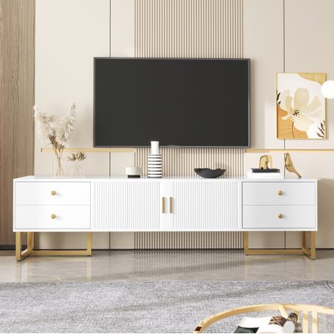 TV-Schrank 175x30x46 cm Weiß MDF mit 4 Schubladen, 2 Türen und goldfarbenen Metallfüßen (1/5)