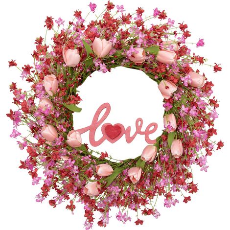 Guirlande De Porte - Guirlande Artificielle Pour Jour De La Saint-Valentin - 22 Pouces - Avec Fleurs Et Baies - Pour Porte D'Entrée Décor De Mariage Anniversaire - 1 Pièce (1/5)