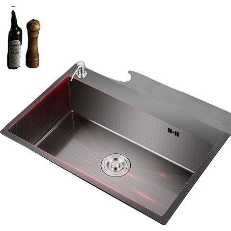 Évier de cuisine, acier inoxydable 201, taille interne 46 x 35,5 cm, taille totale 50 x 45 x 20 cm, épaisseur 2 mm, capacité du distributeur de savon 200 ml (1/5)