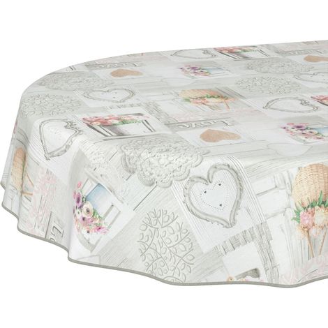 Nappe en Toile cirée - Lavable - Facile d'entretien - Effet Lotus - Nappe de Jardin - Motif Maison de Campagne - Fleurs - 200 x 140 cm (Ovale) (1/5)