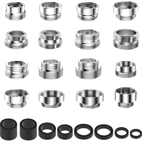16-teiliges Küchenarmatur-Adapterset mit 32 Distanzstücken, Metall-Armaturenadapter, Strahlregleranschluss, Strahlregleradaptern für Spültischbrausen, Gartenschlauch und Wasserfilter (1/5)